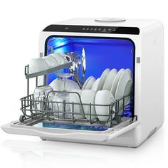 an open dishwasher with clean dishes in it, on a white table top