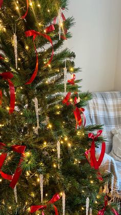 the christmas tree is decorated with red ribbon