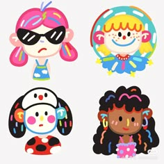 three cartoon girls with different hair styles and colors, one is wearing sun glasses while the other has a polka dot hat