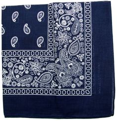 a blue bandana with white paisley designs on it