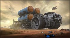 an image of a sci - fi vehicle in the desert with rockets coming out of it