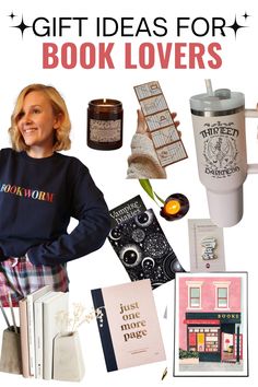 a woman standing in front of a book with gifts on it and the words gift ideas for book lovers