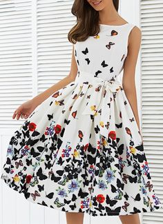 $20.42 Sleeveless Floral Self Tie A Line Dress - White Gaun Fashion, 파티 드레스, Elegante Casual, Vestidos Vintage, Sammy Dress, Line At, Floral Sleeveless, Mode Vintage, Dress Design