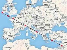 a map shows the route of an airplane that is flying over europe and has red dots on it