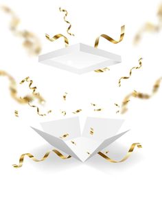 an open white box with gold streamers coming out of it on a white background