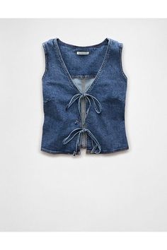 AE denim/V-neck/Bowtie detail Denim Vest Pattern Sewing, Denim Tie Top, Fitted Denim Vest, Fun Clothes Aesthetic, Zara Denim Top, Denim Vest Diy, Denim Tops Women, Denim Outfits For Women, Denim Top Outfit