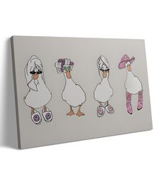 a group of ducks with hats and sunglasses on their heads are standing in front of a white wall