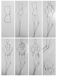 sketches of female mannequins in various positions and sizes, from front to back