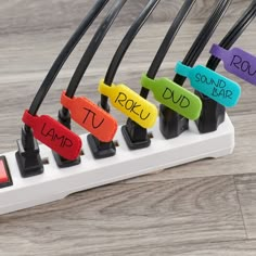 four different types of electrical cords with words on them that spell out loud, truk, and lamp