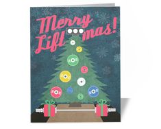 a christmas card with an image of a tree and presents in front of it that says merry