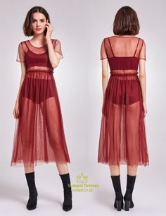 Burgundy Sheer Tulle Overlay Short Sleeve A-Line Tea Length Dress | Vampal Dresses Sheer Dresses Outfit, Tea Length Dress, Tulle Party Dress, Causal Dresses, Overlay Dress, Tea Length Dresses, Layer Dress, Tea Length