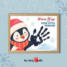 Penguin handprint craft for kids, a DIY winter activity creating a personalized keepsake using children’s handprints. If Snowflakes Were Kisses, Handprint Winter Art, Snowflake Handprint Craft, Igloo Crafts For Toddlers, Winter Art Projects For Kids Preschool, Penguin Handprint, Snowman Handprint, Igloo Craft, Penguin Diy