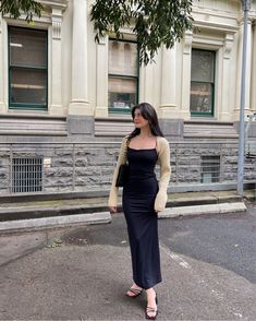 Classy Dresses Women, Long Dress Ootd, Slim Black Dress Outfit, Long Fitted Dress Casual Summer Outfits, Elegant Soft Aesthetic, Soft Dress Outfit, Black Dress Outfits Aesthetic, Skims Long Slip Dress Outfit, Black Dress Styling Casual