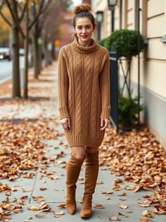 Cozy fall sweater dress outfit with knee-high boots Fall Sweater Dress Outfits Boots, How To Wear Sweater Dress, Tan Suede Knee High Boots Outfit, Brown Knee High Boots Outfit Winter, Sweater Dress Outfit Boots, Sweater Dress Outfit With Boots, Long Sweater Dress Outfit, Brown Knee-high Boots For Fall Party, Turtleneck Sweater Dress Outfit