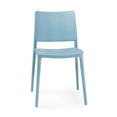 a light blue plastic chair on a white background, with the seat up and down