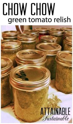 there are many jars full of green tomato relish on the table with text above it