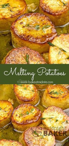 baked potatoes with herbs on top and the words melting potatoes above them