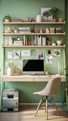 Minimalist Aesthetic sage green workspace with wooden elements and a potted plant Aesthetic Desk Setup Ideas, Aesthetic Desk Setup, Aesthetic Setup, Desk Setup Ideas, Sustainable Living Room, Sage Green Aesthetic, Desk Aesthetic, Aesthetic Desk, Apartment Makeover