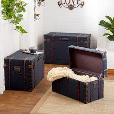 three suitcases sitting on top of a wooden floor next to a potted plant