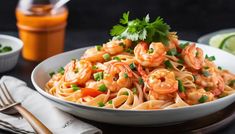 a white bowl filled with shrimp pasta and garnished with cilantro sauce