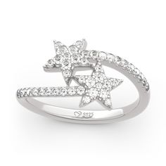 Stylish and stunning, this star ring will capture your heart at first sight! Star is one of the most popular design elements in jewelry. Crafted in sterling silver, sculptured in two five-pointed stars, the ring is designed to be a little lovely thing. Every star is set with white stones and linked with a paved bypassing ribbon. It's really a nice gift for birthday or holiday for yourself or loved ones. It won't disappoint you!Carat Weight: 0.802 ctStone Size: 1.5,1,1.2 mmStone Type: Jeulia® Sto Celestial Silver Diamond Ring For Anniversary, Celestial Star Shaped Rings For Anniversary, Silver Star-shaped Diamond Ring Gift, Sterling Silver Star-shaped Diamond Ring For Anniversary, Star-shaped White Gold Diamond Ring, Silver Star-shaped Diamond Ring For Anniversary, Sterling Silver Star-shaped Diamond Ring, Star-shaped Ring With Polished Finish, Star Shaped Rings With Polished Finish