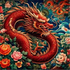 a painting of a dragon with flowers on it