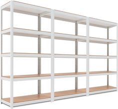 an empty white shelving unit with wooden shelves