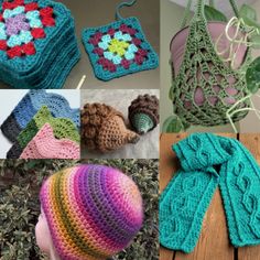 crocheted hats, scarves and mittens are featured in this collage