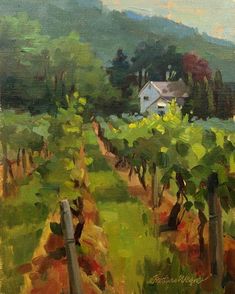 an oil painting of a vineyard with houses in the background