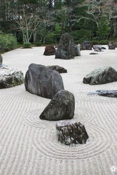 rocks and raked sand in a japanese garden