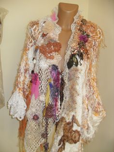 Unique Beautiful Art To Wear  Sweater/Jacket/Cape/Coat with Laces Doilies  Fairy Boho  size 6- 8-10   ,M Fitted Fall Outerwear With Lace Patchwork, White Bohemian Handmade Outerwear, Blue Embellished Bohemian Outerwear, Bohemian Crochet Lace Winter Cardigan, Lace Patchwork Cardigan, Spring Lace Patchwork Outerwear, Mantel Cape, 3d Applique, Boho Chic Accessories