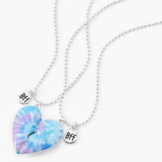 Claire's Best Friends Glitter Tie-Dye Split Heart Necklaces - 2 Pack Trendy Blue Jewelry For Best Friend, Personalized Blue Necklaces For Friendship, Personalized Blue Necklace For Friendship, Blue Jewelry For Best Friend Gift On Mother's Day, Blue Heart Charm Jewelry For Friendship, Adjustable Blue Necklaces For Valentine's Day, Blue Adjustable Necklace For Valentine's Day, Valentine's Day Blue Adjustable Necklace, Adjustable Blue Necklace For Valentine's Day