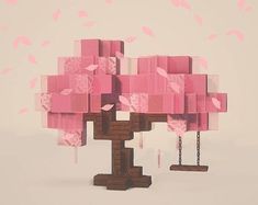 a tree made out of pink cubes with birds in the sky above it,