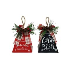 two christmas bell ornaments hanging from twine with pine cones and red plaid ribbon on each ornament