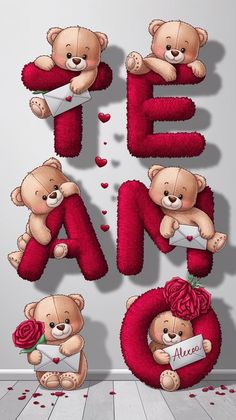 some teddy bears are holding letters that spell out the word e and f with hearts