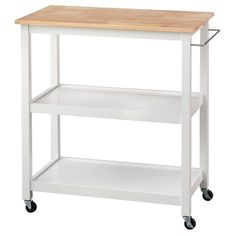 a white kitchen cart with a wooden top and two shelves on casteors for storage