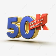 the 50 thank you followers sign is shown in gold and blue with a red ribbon