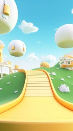 an animated image of a yellow road with white clouds and buildings in the sky above it