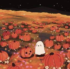 a field full of pumpkins with a ghost in the middle and stars above them