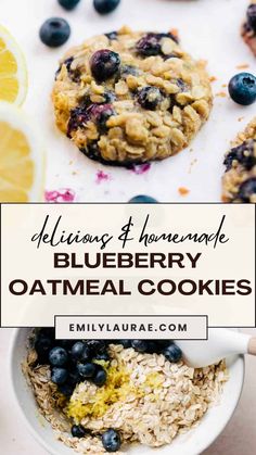 blueberry oatmeal cookies with lemons and blueberries in the background