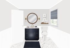 a bathroom with a toilet, sink and mirror in it's corner area is shown