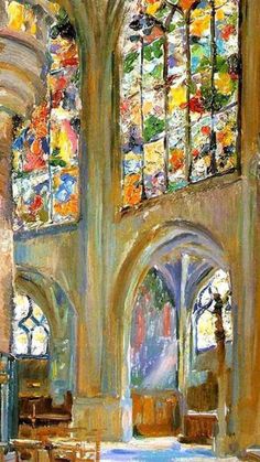 an oil painting of the inside of a church with stained glass windows and pews