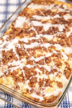 cinnamon roll dump cake in a glass baking dish