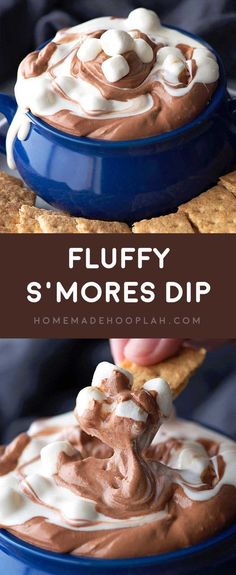 a person dipping marshmallows on top of s'mores dip in a blue bowl