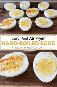 hard boiled eggs on a cutting board with the text easy peel air fryer hard boiled eggs