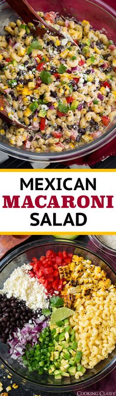 mexican macaroni salad with black beans, corn and tomatoes