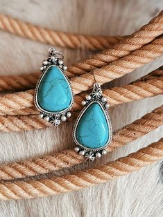 Chunky Turquoise Colored Stone Silver Earrings | gussieduponline Southwestern Turquoise Teardrop Earrings, Trendy Turquoise Drop Earrings, Trendy Turquoise Teardrop Earrings, Jewelry Western, 80’s Fashion, Trending Jewelry, Western Boutique, Western Earrings, Chunky Earrings