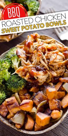 a bowl filled with sweet potato bowls next to broccoli and other food items