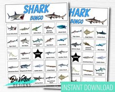 two shark bingo game cards with different types of sharks