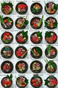 a series of pictures showing different types of vegetables in black plates on a white table